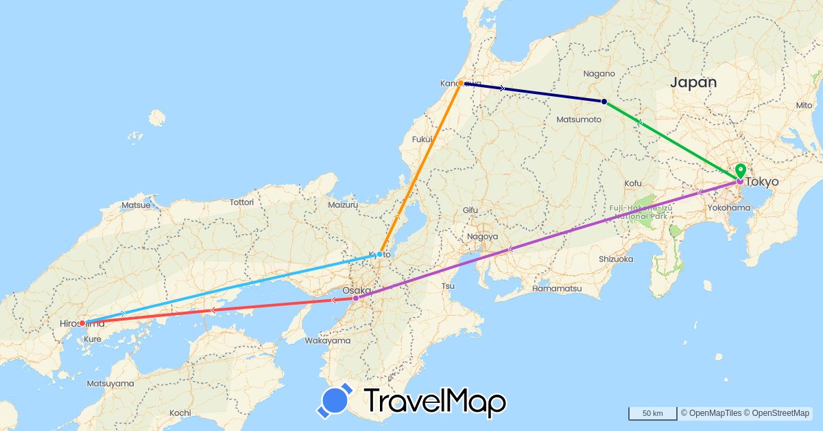 TravelMap itinerary: driving, bus, train, hiking, boat, hitchhiking in Japan (Asia)